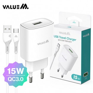 밸류엠 15W (QC3.0) 고속 분리형 가정용 충전기 (C타입 1.2M 15W 케이블 포함)